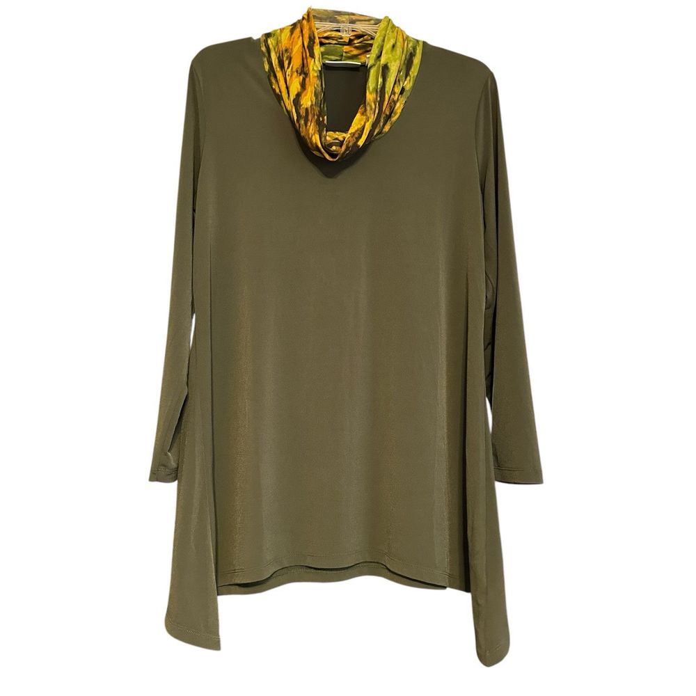 Susan Graver Olive Green Cowl Neck Tunic Top Sz M Pistachio Yellow